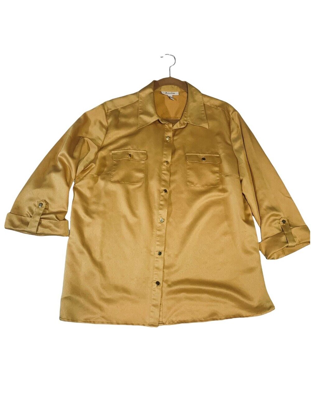 18W JM COLLECTION Textured Gold Blouse Tab Sleeves Silky Pockets Button Up Issue
